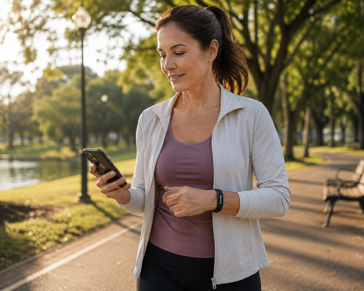 Middle-aged woman walking in a park while wearing the Hume Band 2.0
