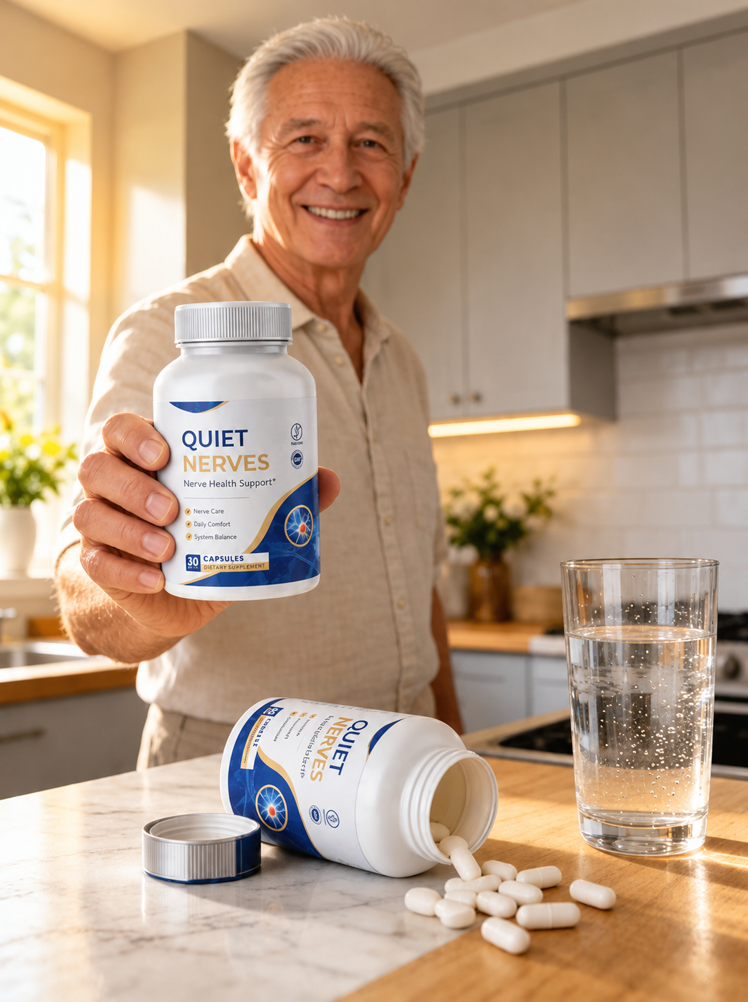 Older adult holding Quiet Nerves as part of a daily routine